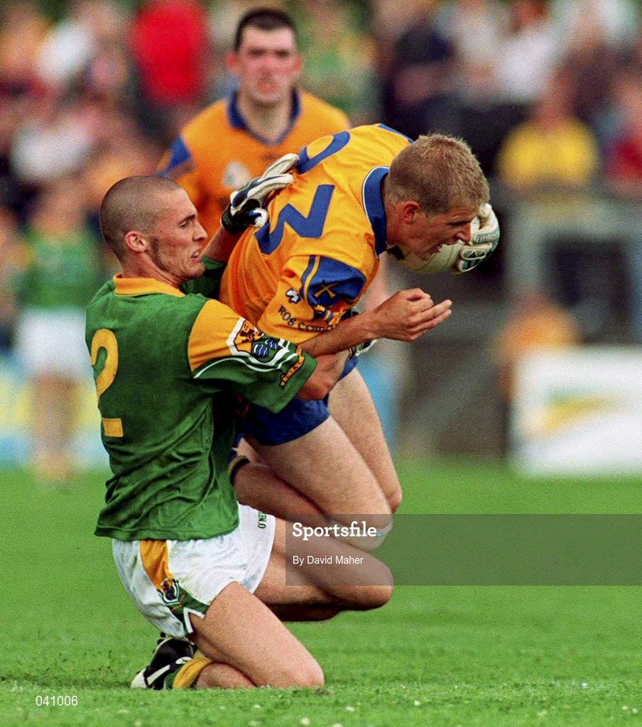 2 July 2000; Sean Casey of Roscommon is tackled by Derek Kelleher of Leitrim during the Bank of Ireland Connacht Senior Football Championship Semi-Final match between Roscommon and Leitrim in Dr. Hyde Park in Roscommon. Photo by David Maher/Sportsfile