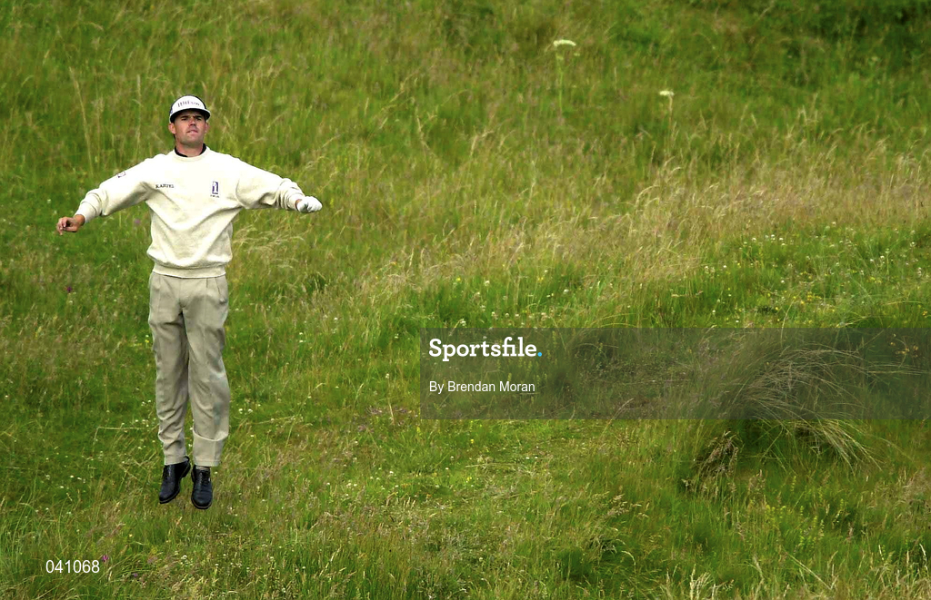 30 June 2000; Padraig Harrington of Ireland jumps up to see the pin on the 13th green before taking his approach shot from the fairway during the second day of the Murphy's Irish Open Golf Championship at Ballybunion Golf Club in Kerry. Photo by Brendan Moran/Sportsfile