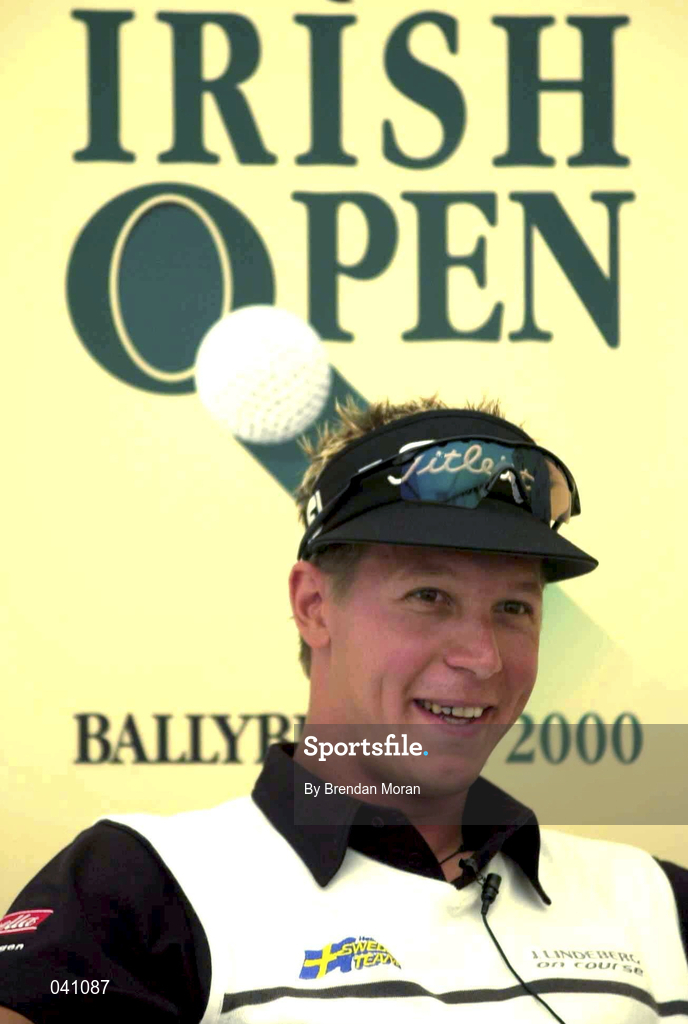 30 June 2000; Fredrik Jacobson of Sweden, who finished the day at 10 under par, speaking at a press conference after his round during the second day of the Murphy's Irish Open Golf Championship at Ballybunion Golf Club in Kerry. Photo by Brendan Moran/Sportsfile