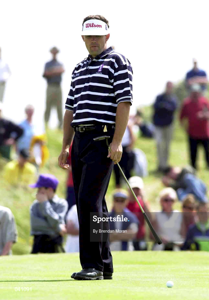29 June 2000; Padraig Harrington reacts to a missed birdie attempt on the ninth green during the first day of the Murphy's Irish Open Golf Championship at Ballybunion Golf Club in Kerry. Photo by Brendan Moran/Sportsfile