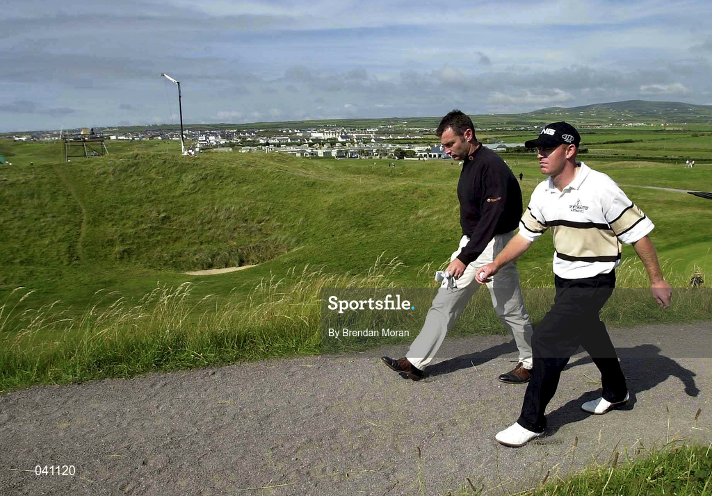 29 June 2000; Stephen Hamill of Northern Ireland, left, and Richie Coughlan of Ireland walk from the 11th green during the first day of the Murphy's Irish Open Golf Championship at Ballybunion Golf Club in Kerry. Photo by Brendan Moran/Sportsfile