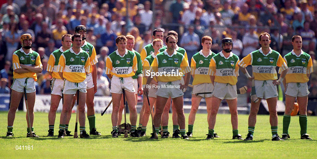 18 June 2000; The Offaly team stand for Amhrán na bhFiann prior to the Guinness Leinster Senior Hurling Championship Semi-Final match between Offaly and Wexford at Croke Park in Dublin. Photo by Ray McManus/Sportsfile