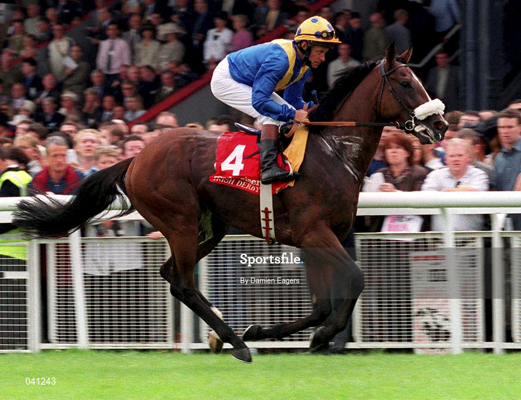 1 July 2000; King's Best, with Patt Eddery up, canters to the start of the Budweiser Irish Derby at The Curragh Racecourse in Kildare. Photo by Damien Eagers/Sportsfile