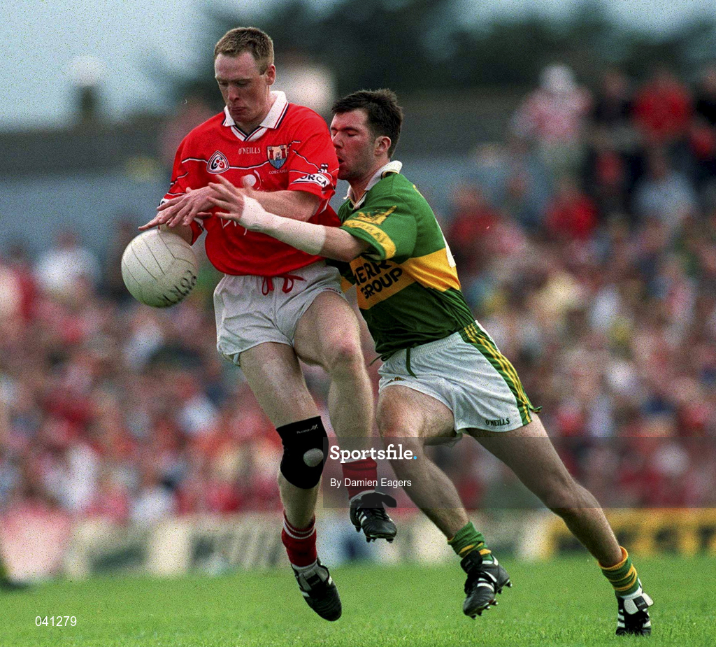 18 June 2000; Philip Clifford of Cork in action against Michael McCarthy of Kerry during the Bank of Ireland Munster Senior Football Championship Semi-Final match between Kerry and Cork at Fitzgerald Stadium in Killarney, Kerry. Photo by Damien Eagers/Sportsfile