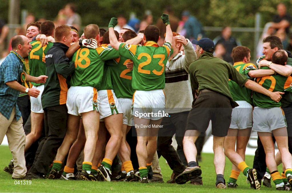 2 July 2000; Leitrim players and supporters celebrate after victory in the Bank of Ireland Connacht Senior Football Championship Semi-Final match between Roscommon and Leitrim in Dr. Hyde Park in Roscommon. Photo by David Maher/Sportsfile