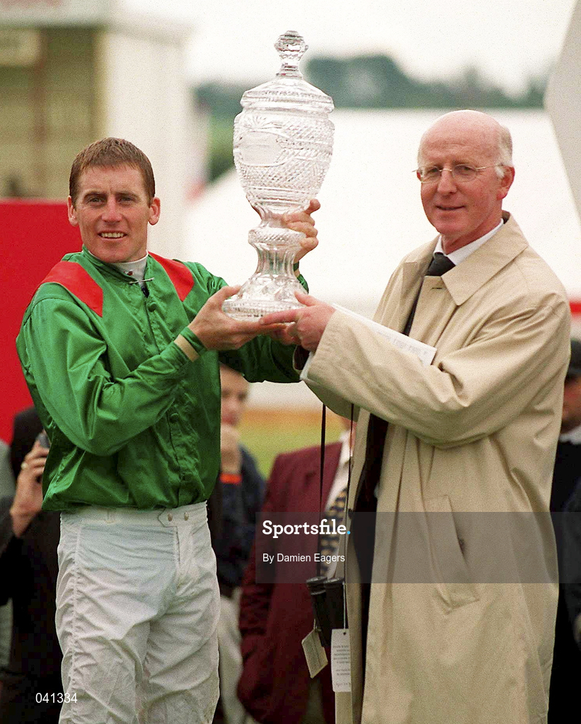 1 July 2000; Winning jockey Johnny Murtagh and trainer John Oxx with the trophy after victory with Sinndar in the Budweiser Irish Derby at The Curragh Racecourse in Kildare. Photo by Damien Eagers/Sportsfile