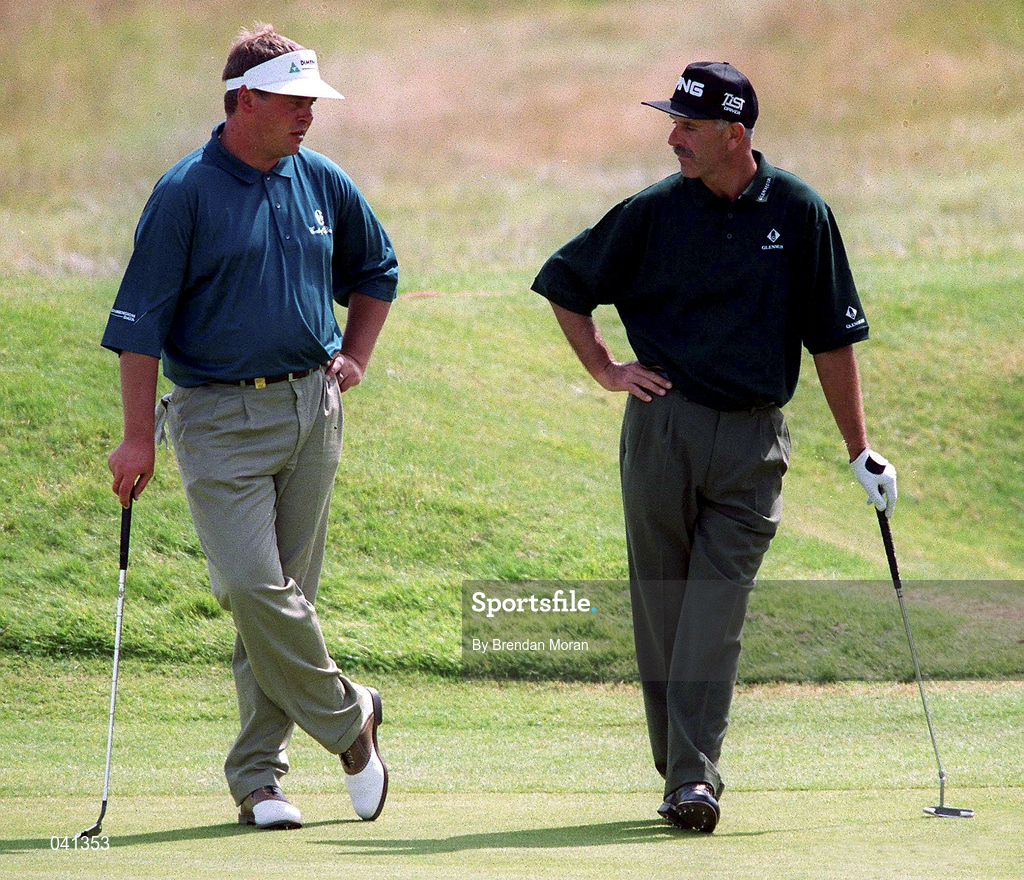 30 June 2000; Darren Clarke, left, of Northern Ireland and Mark James of England chat on the 11th green during the second day of the Murphy's Irish Open Golf Championship at Ballybunion Golf Club in Kerry. Photo by Brendan Moran/Sportsfile
