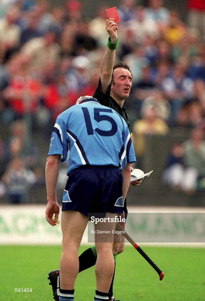 5 June 2000; Referee Willie Barrett shows a red card to Niall Butler of Dublin during the Guinness Leinster Senior Hurling Championship Play-Off replay match between Dublin and Laois at O'Connor Park in Tullamore, Offaly. Photo by Damien Eagers/Sportsfile