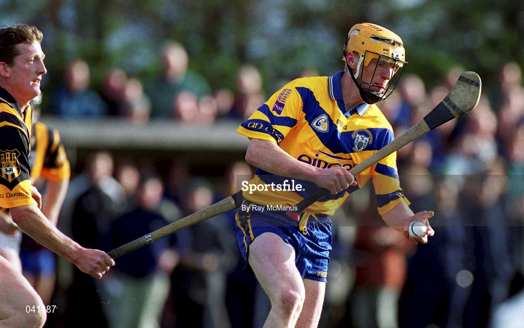 28 May 2000; Niall Gilligan of Clare in action against Eamonn Kennedy of Kilkenny during the Senior Hurling Challenge match between Kilkenny and Clare at Young Ireland's GAA Grounds in Kilkenny. Photo by Ray McManus/Sportsfile