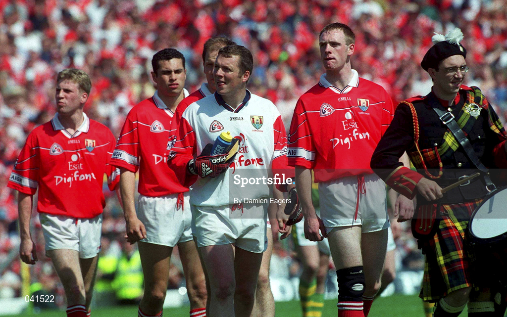 18 June 2000; Cork captain Philip Clifford leads his side in the pre-match parade prior to the Bank of Ireland Munster Senior Football Championship Semi-Final match between Kerry and Cork at Fitzgerald Stadium in Killarney, Kerry. Photo by Damien Eagers/Sportsfile