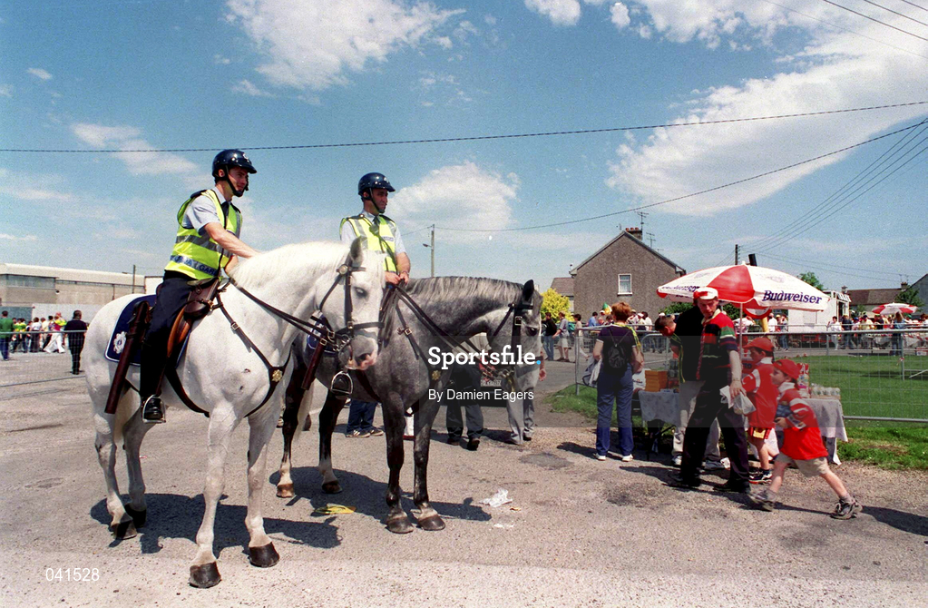 18 June 2000; Horse mounted Gardai with GAA fans outside the stadium prior to the Bank of Ireland Munster Senior Football Championship Semi-Final match between Kerry and Cork at Fitzgerald Stadium in Killarney, Kerry. Photo by Damien Eagers/Sportsfile