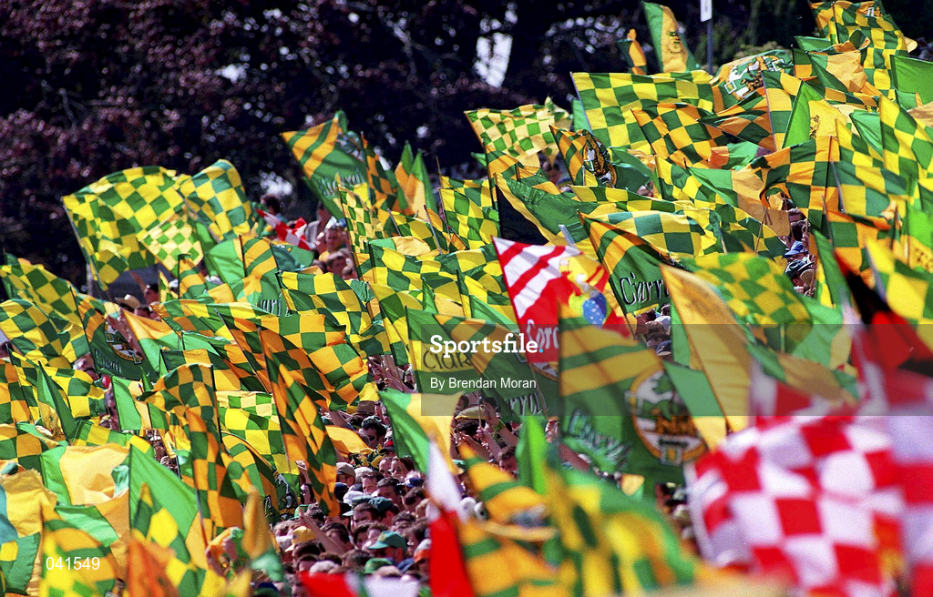 18 June 2000; Kerry GAA flags are waved during the Bank of Ireland Munster Senior Football Championship Semi-Final match between Kerry and Cork at Fitzgerald Stadium in Killarney, Kerry. Photo by Brendan Moran/Sportsfile