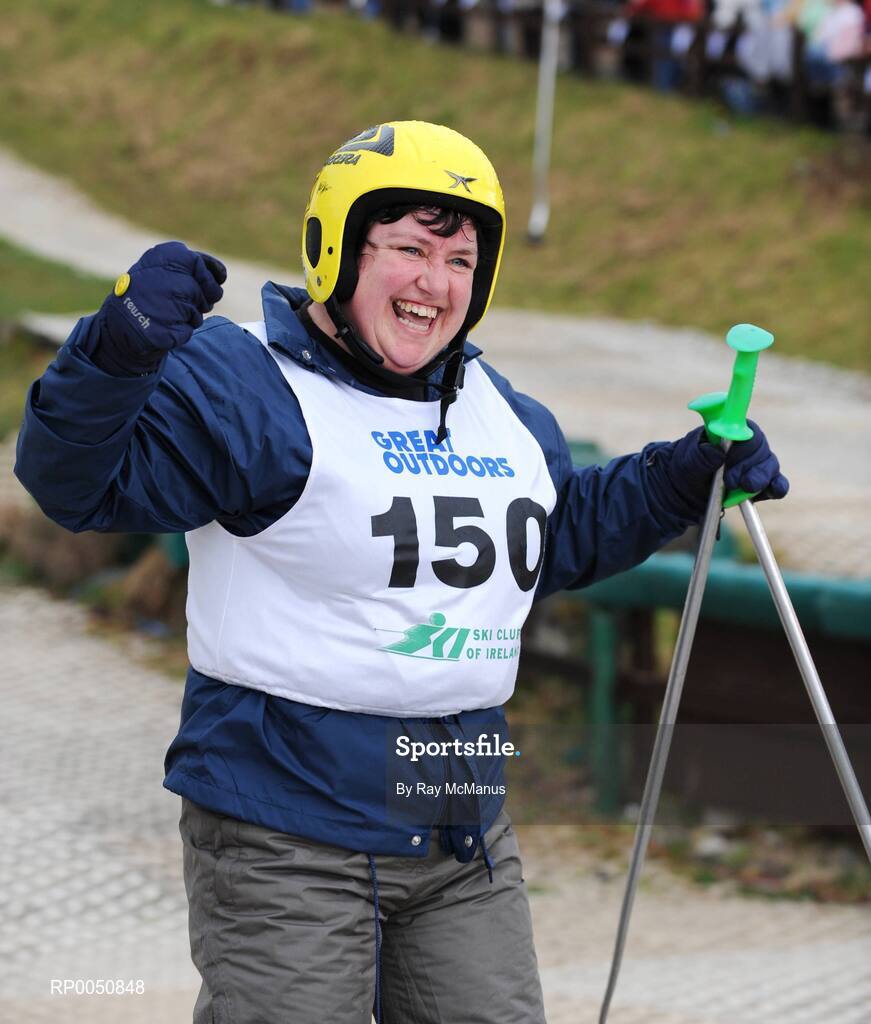 26 April 2008; Ciara Ni Clulachain, Bray, Co. Wicklow, celebrates as she finishes at the 2008 Special Olympics All-Ireland Winter Games. These games are the qualifiers for the 2009 Special Olympics World Winter Games, which takes place in Idaho, USA, from the 6th - 13th February 2009. Ski Club of Ireland, Kilternan, Co. Dublin. Picture credit: Ray McManus / SPORTSFILE