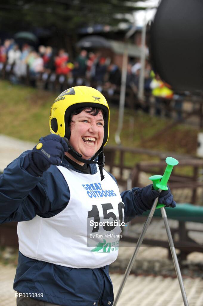 26 April 2008; Ciara Ni Clulachain, Bray, Co. Wicklow, celebrates as she finishes at the 2008 Special Olympics All-Ireland Winter Games. These games are the qualifiers for the 2009 Special Olympics World Winter Games, which takes place in Idaho, USA, from the 6th - 13th February 2009. Ski Club of Ireland, Kilternan, Co. Dublin. Picture credit: Ray McManus / SPORTSFILE