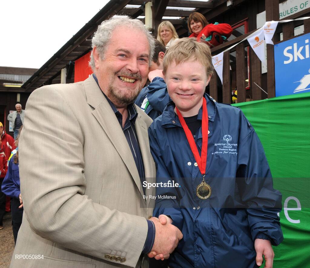 26 April 2008; Ben Purcell, from Dalkey, Co. Dublin, is congratulated by UTV's Gerry Kelly at the presentation of prizes following the 2008 Special Olympics All-Ireland Winter Games. These games are the qualifiers for the 2009 Special Olympics World Winter Games, which takes place in Idaho, USA, from the 6th - 13th February. Ski Club of Ireland, Kilternan, Co. Dublin. Picture credit: Ray McManus / SPORTSFILE