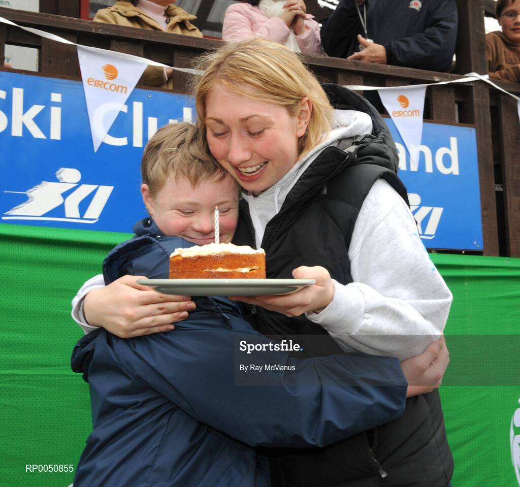 26 April 2008; Ben Purcell, from Dalkey, Co. Dublin, is congratulated by Laura Waine, a coach with the Kiltiernan Kravers, on his 14th birthday at the 2008 Special Olympics All-Ireland Winter Games. These games are the qualifiers for the 2009 Special Olympics World Winter Games, which takes place in Idaho, USA, from the 6th - 13th February. Ski Club of Ireland, Kilternan, Co. Dublin. Picture credit: Ray McManus / SPORTSFILE