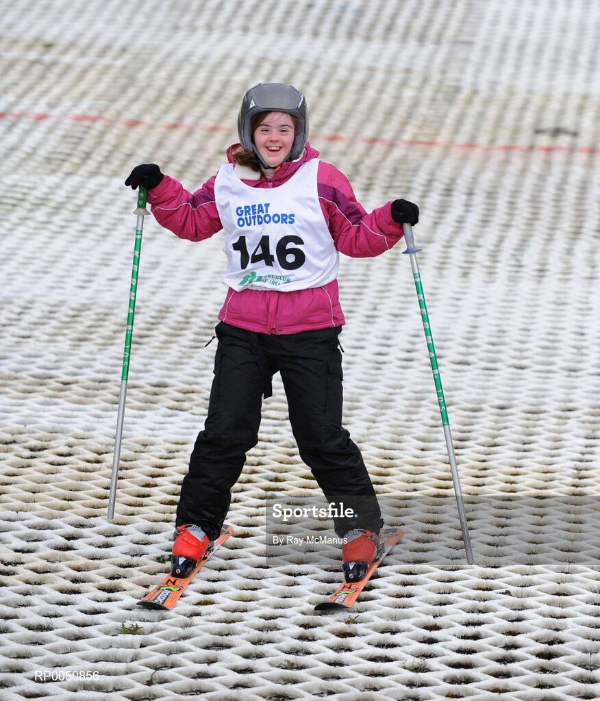 26 April 2008; Katherine Daly, from Dalkey, Co. Dublin, celebrates as she finishes at the 2008 Special Olympics All-Ireland Winter Games. These games are the qualifiers for the 2009 Special Olympics World Winter Games, which takes place in Idaho, USA, from the 6th - 13th February 2009. Ski Club of Ireland, Kilternan, Co. Dublin. Picture credit: Ray McManus / SPORTSFILE