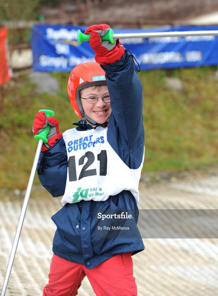 26 April 2008; Charlie O'Reilly, from Sandycove, Co. Dublin, celebrates as he finishes at the 2008 Special Olympics All-Ireland Winter Games. These games are the qualifiers for the 2009 Special Olympics World Winter Games, which takes place in Idaho, USA, from the 6th - 13th February 2009. Ski Club of Ireland, Kilternan, Co. Dublin. Picture credit: Ray McManus / SPORTSFILE