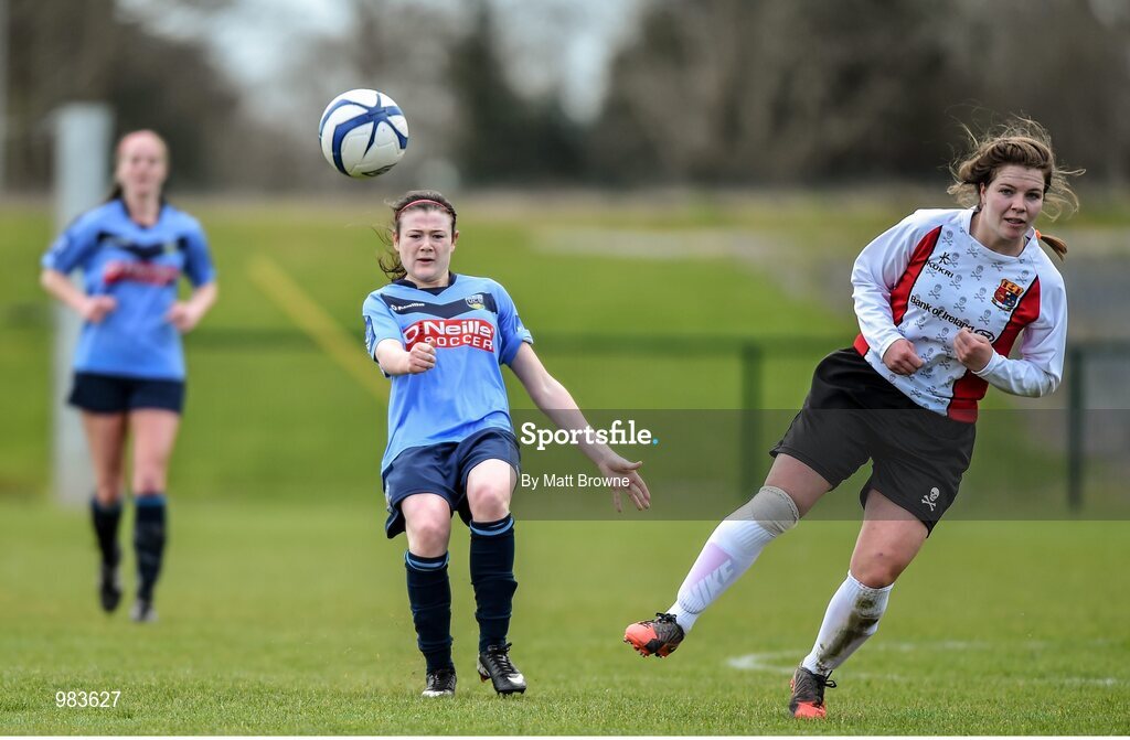 11 April 2015; Jetta Berrill, UCD, in action against Ciara O'Connell, UCC. WSCAI Intervarsities Cup Final, UCD v UCC, Waterford IT, Waterford. Picture credit: Matt Browne / SPORTSFILE