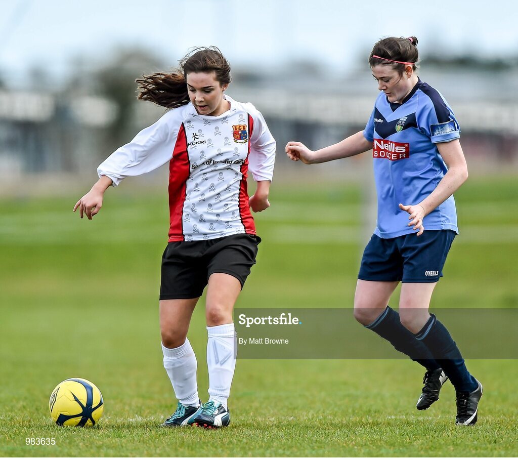 11 April 2015; Naomi Douglas, UCC, in action against Jetta Berrill, UCD. WSCAI Intervarsities Cup Final, UCD v UCC, Waterford IT, Waterford. Picture credit: Matt Browne / SPORTSFILE