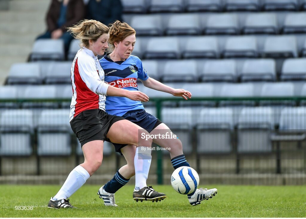11 April 2015; Carys Johnson, UCC, in action against Aisling Nugent, UCD. WSCAI Intervarsities Cup Final, UCD v UCC, Waterford IT, Waterford. Picture credit: Matt Browne / SPORTSFILE