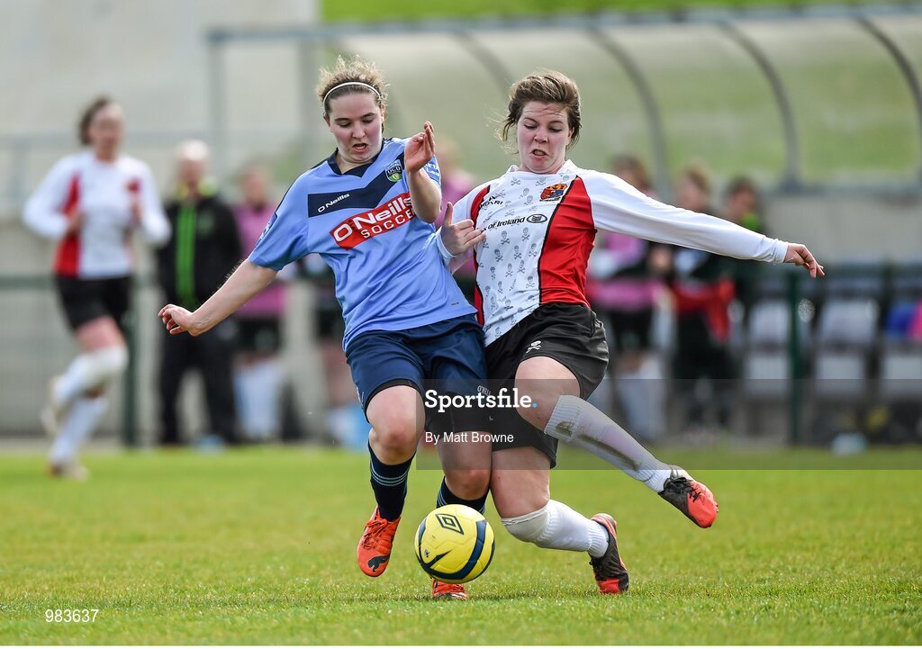 11 April 2015; Orlagh Nolan, UCD, in action against Ciara O'Connell, UCC. WSCAI Intervarsities Cup Final, UCD v UCC, Waterford IT, Waterford. Picture credit: Matt Browne / SPORTSFILE