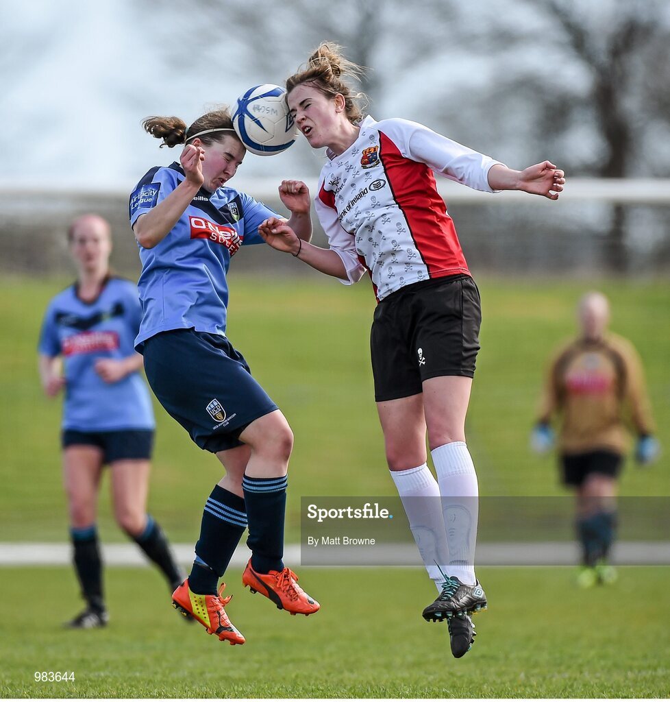 11 April 2015; Laura Lynch, UCC, in action against Orlagh Nolan, UCD. WSCAI Intervarsities Cup Final, UCD v UCC, Waterford IT, Waterford. Picture credit: Matt Browne / SPORTSFILE