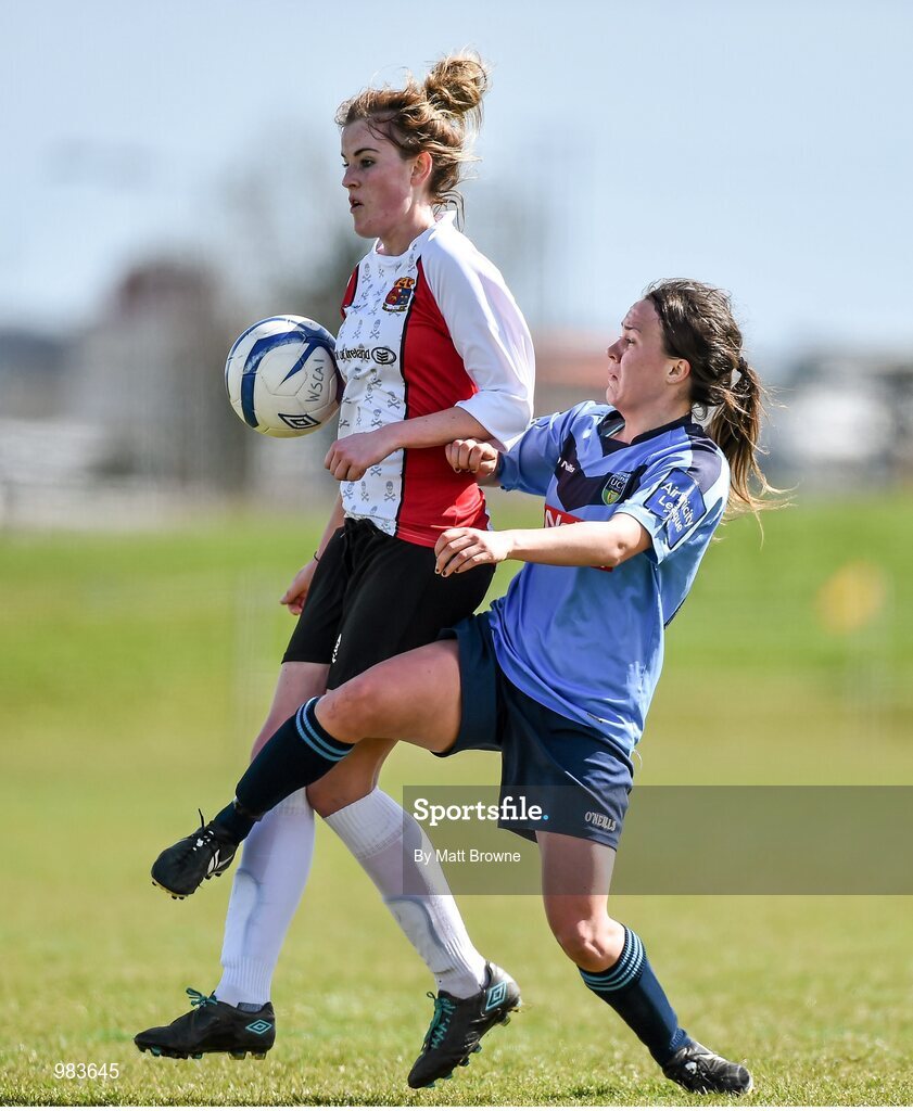 11 April 2015; Laura Lynch, UCC, in action against Ciara Grant, UCD. WSCAI Intervarsities Cup Final, UCD v UCC, Waterford IT, Waterford. Picture credit: Matt Browne / SPORTSFILE