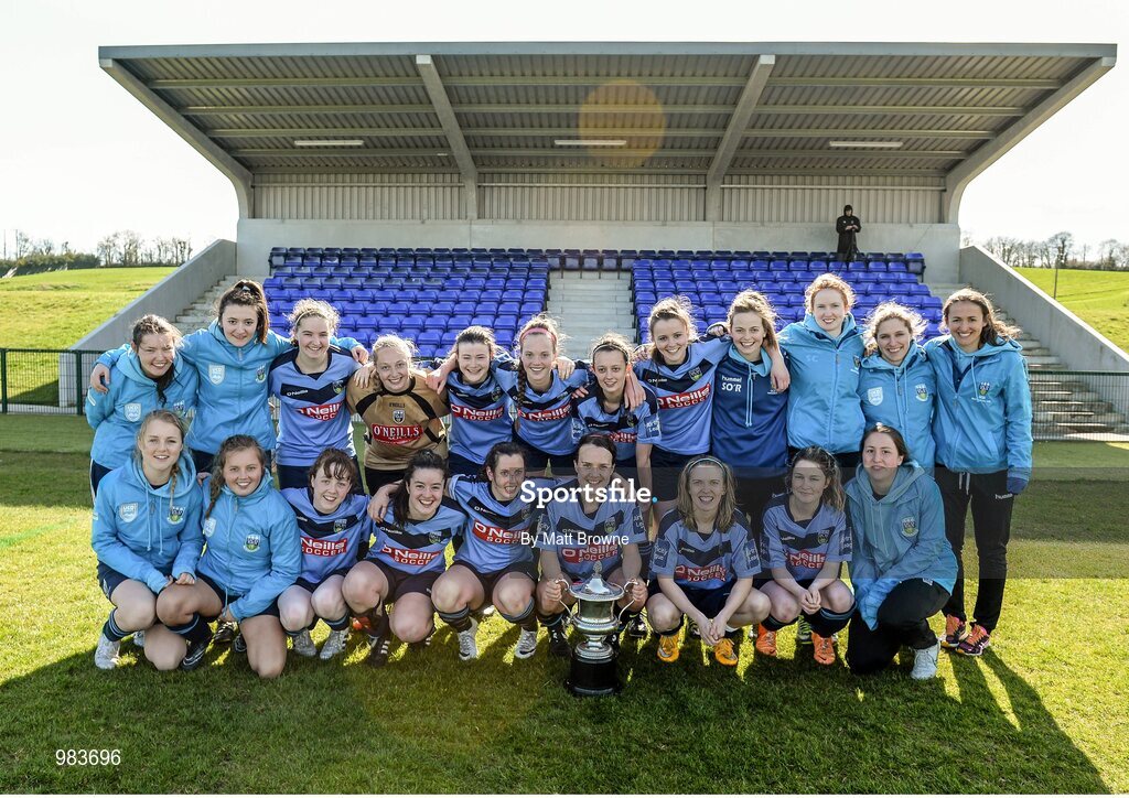 11 April 2015; UCD players with the cup. WSCAI Intervarsities Cup Final, UCD v UCC, Waterford IT, Waterford. Picture credit: Matt Browne / SPORTSFILE