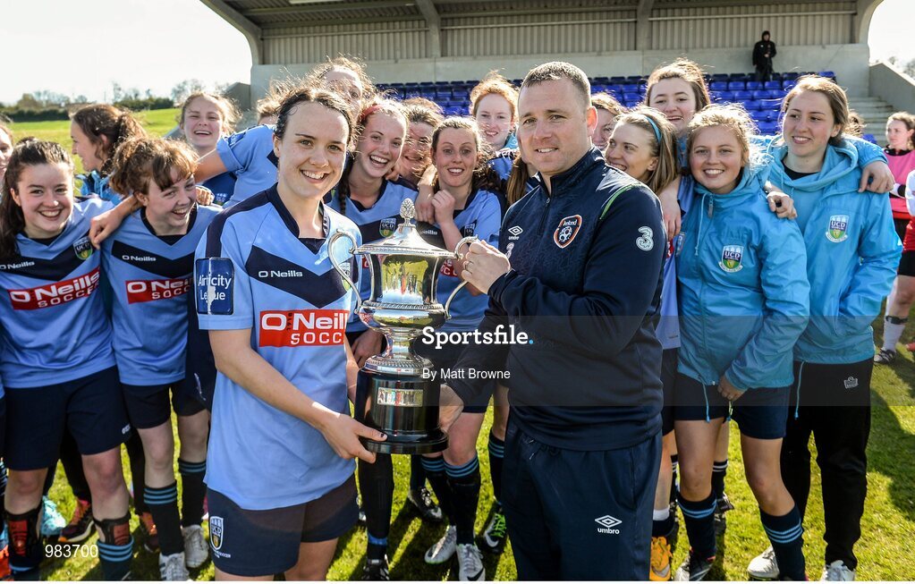 11 April 2015; UCD captain Ciara Grant is presented with the cup by Mark Scanlon from the FAI. WSCAI Intervarsities Cup Final, UCD v UCC, Waterford IT, Waterford. Picture credit: Matt Browne / SPORTSFILE
