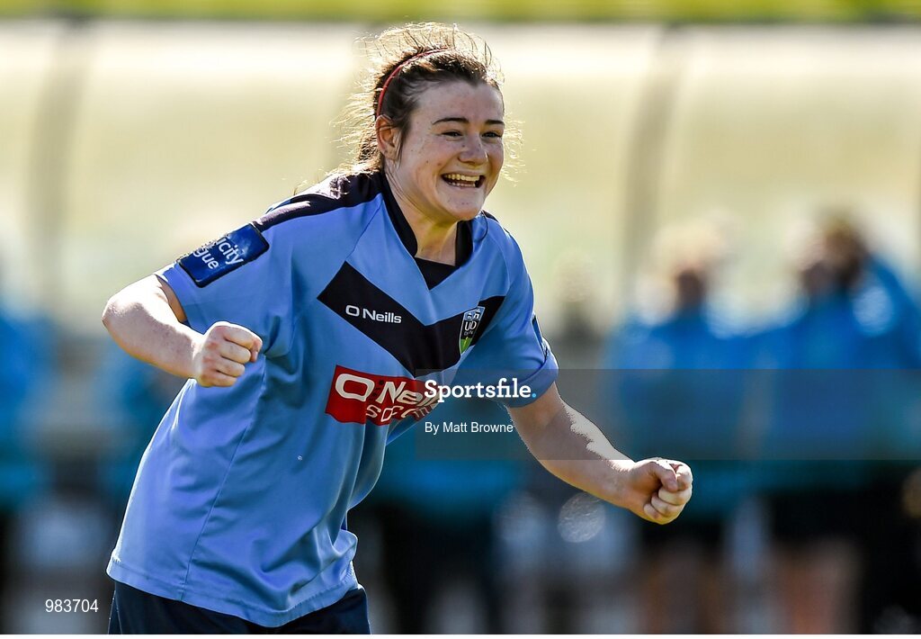 11 April 2015; UCD winning goal scorer Jetta Berrill celebrates after the final whistle. WSCAI Intervarsities Cup Final, UCD v UCC, Waterford IT, Waterford. Picture credit: Matt Browne / SPORTSFILE