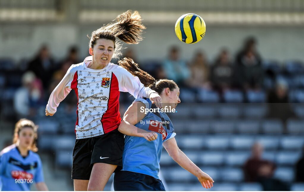 11 April 2015; Lauren Murphy, UCC, in action against Sarah Clune, UCD. WSCAI Intervarsities Cup Final, UCD v UCC, Waterford IT, Waterford. Picture credit: Matt Browne / SPORTSFILE