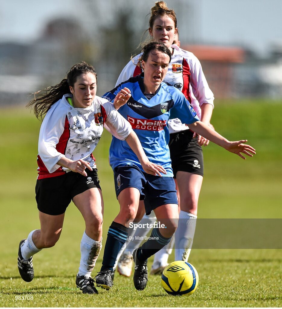 11 April 2015; Amy O'Connor, UCC, in action against Ciara Grant, UCD. WSCAI Intervarsities Cup Final, UCD v UCC, Waterford IT, Waterford. Picture credit: Matt Browne / SPORTSFILE