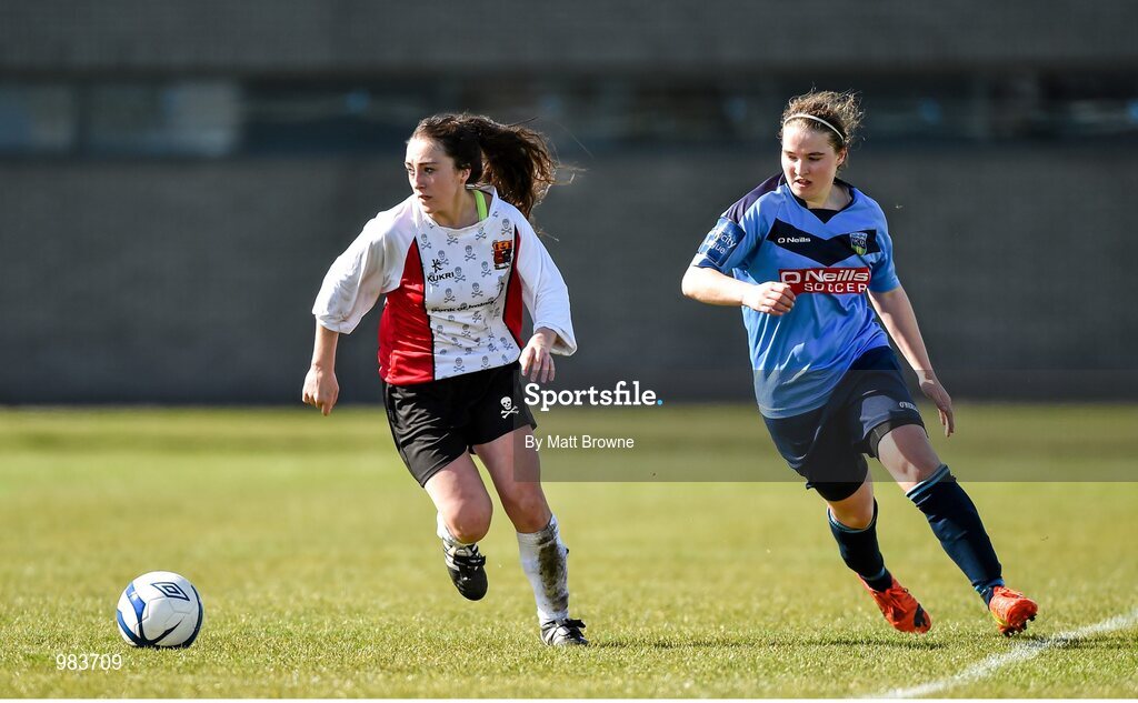 11 April 2015; Amy O'Connor, UCC, in action against Orlagh Nolan, UCD. WSCAI Intervarsities Cup Final, UCD v UCC, Waterford IT, Waterford. Picture credit: Matt Browne / SPORTSFILE