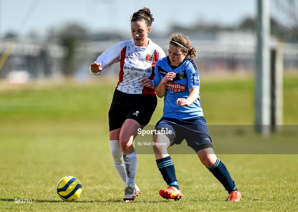 11 April 2015; Norma Healy, UCC, in action against Orlagh Nolan, UCD. WSCAI Intervarsities Cup Final, UCD v UCC, Waterford IT, Waterford. Picture credit: Matt Browne / SPORTSFILE