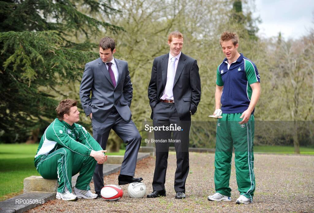 28 April 2008; The Minister for Arts, Sport and Tourism, Seamus Brennan TD, has announced details for the commencement of Phase 1 of the National Sports Campus project on lands at Abbotstown, west Dublin. Phase 1 of the development will provide the major field sports, gaelic games, soccer, rugby and hockey and up to 20 other sports with unrivalled training and medical facilities. Pictured at the announcement are, from left, Ireland rugby captain Brian O'Driscoll, Dublin footballer Bryan Cullen, Kilkenny hurler Henry Shefflin and Ireland wing Luke Fitzgerald. Abbottstown House, Dublin. Picture credit: Brendan Moran / SPORTSFILE