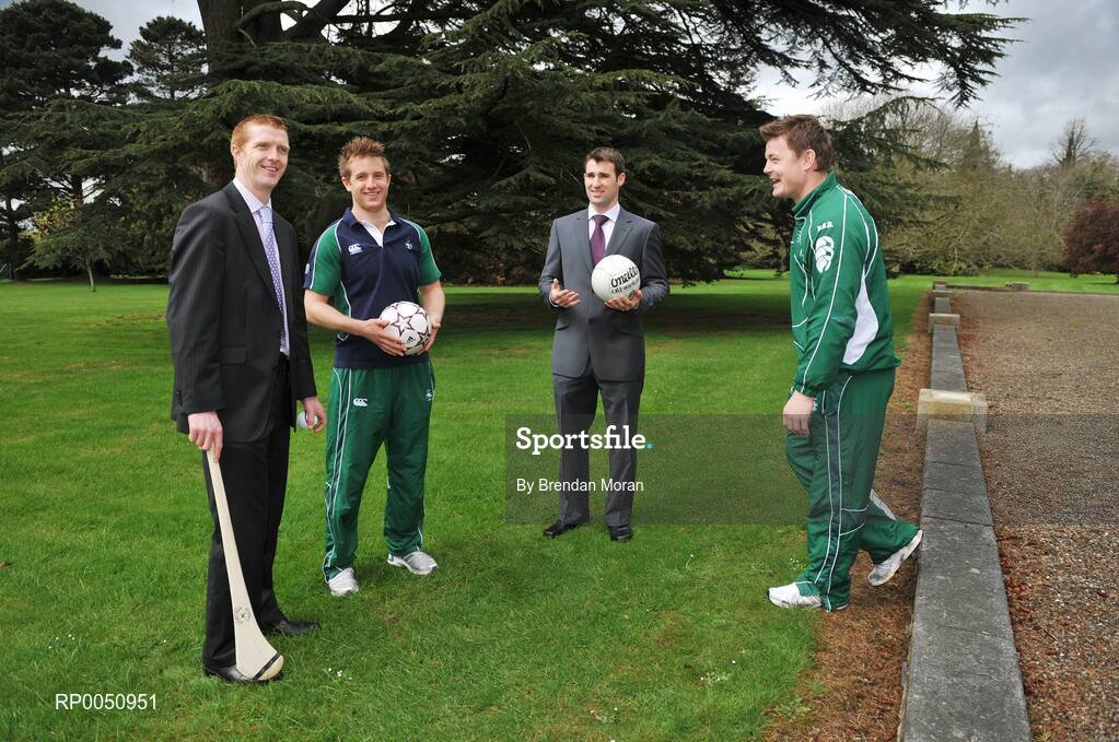 28 April 2008; The Minister for Arts, Sport and Tourism, Seamus Brennan TD, has announced details for the commencement of Phase 1 of the National Sports Campus project on lands at Abbotstown, west Dublin. Phase 1 of the development will provide the major field sports, gaelic games, soccer, rugby and hockey and up to 20 other sports with unrivalled training and medical facilities. Pictured at the announcement are, from left, Kilkenny hurler Henry Shefflin, Ireland wing Luke Fitzgerald, Dublin footballer Bryan Cullen and Ireland rugby captain Brian O'Driscoll. Abbottstown House, Dublin. Picture credit: Brendan Moran / SPORTSFILE