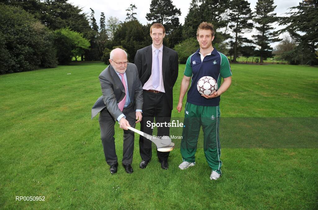 28 April 2008; The Minister for Arts, Sport and Tourism, Seamus Brennan TD, has announced details for the commencement of Phase 1 of the National Sports Campus project on lands at Abbotstown, west Dublin. Phase 1 of the development will provide the major field sports, gaelic games, soccer, rugby and hockey and up to 20 other sports with unrivalled training and medical facilities. Pictured at the announcement are, from left, Dan Flinter, Chairman of the National Sports Campus Development Authority, Kilkenny hurler Henry Shefflin and Ireland rugby international Luke Fitzgerald. Abbottstown House, Dublin. Picture credit: Brendan Moran / SPORTSFILE