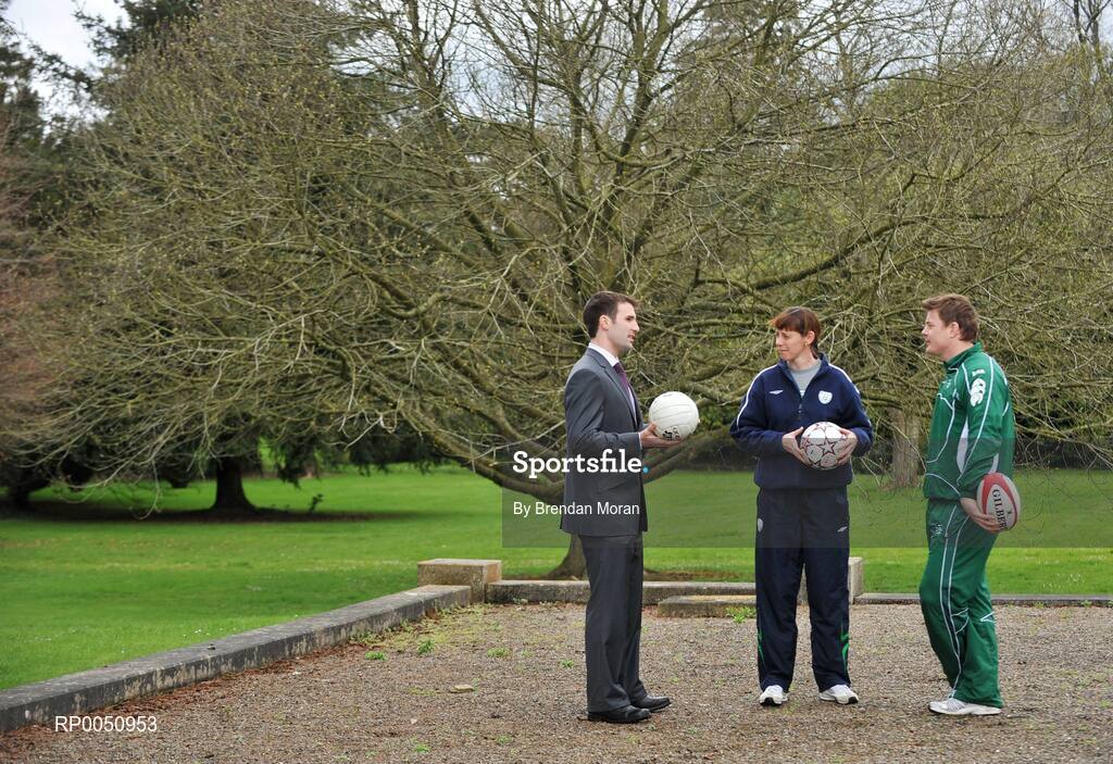 28 April 2008; The Minister for Arts, Sport and Tourism, Seamus Brennan TD, has announced details for the commencement of Phase 1 of the National Sports Campus project on lands at Abbotstown, west Dublin. Phase 1 of the development will provide the major field sports, gaelic games, soccer, rugby and hockey and up to 20 other sports with unrivalled training and medical facilities. Pictured at the announcement are, from left, Dublin footballer Bryan Cullen, Republic of Ireland soccer international Sharon Boyle and Ireland rugby captain Brian O'Driscoll. Abbottstown House, Dublin. Picture credit: Brendan Moran / SPORTSFILE