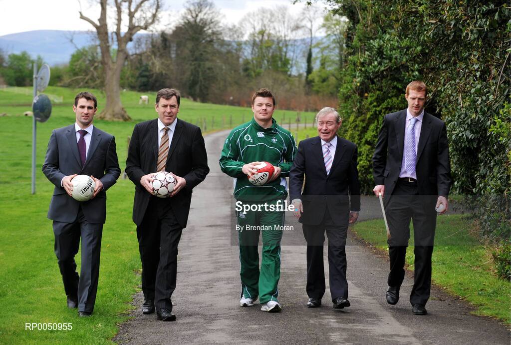 28 April 2008; The Minister for Arts, Sport and Tourism, Seamus Brennan TD, has announced details for the commencement of Phase 1 of the National Sports Campus project on lands at Abbotstown, west Dublin. Phase 1 of the development will provide the major field sports, gaelic games, soccer, rugby and hockey and up to 20 other sports with unrivalled training and medical facilities. Pictured at the announcement are, from left, Dublin footballer Bryan Cullen, FAI Technical Director Packie Bonner, Ireland rugby captain Brian O'Driscoll, Minister for Arts, Sport and Tourism, Seamus Brennan, TD, and Kilkenny hurler Henry Shefflin. Abbottstown House, Dublin. Picture credit: Brendan Moran / SPORTSFILE