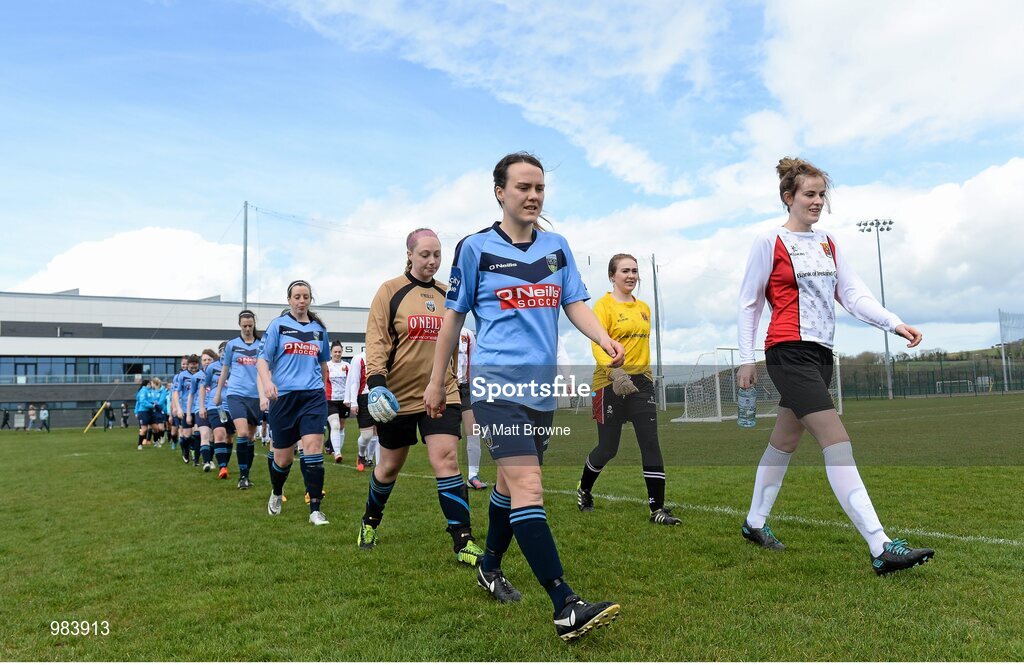 11 April 2015; Ciara Grant, UCD, captain and Laura Lynch, UCC captain lead out their teams. WSCAI Intervarsities Cup Final, UCD v UCC, Waterford IT, Waterford. Picture credit: Matt Browne / SPORTSFILE