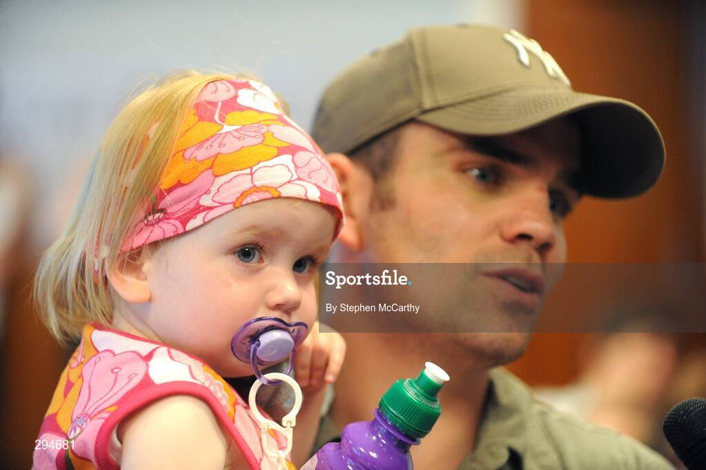 7 May 2008; Caoimhe Dunne, aged 23 months, watches on as her father Bernard is interviewed after a press conference to announce the next Hunky Dorys Fight Night at the National Stadium on July 12. Brian Peters Promotions press conference, O'Connell Suite, Burlington Hotel, Dublin. Picture credit; Stephen McCarthy / SPORTSFILE