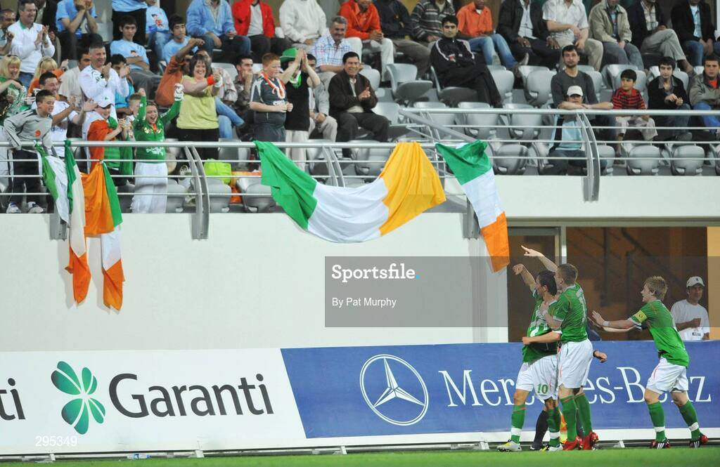 10 May 2008; Republic of Ireland's Conor Hourihane celebrates in front of the irish supporters with team-mates Paul Murphy, centre, and Conor Clifford, right, after scoring his side's first goal. UEFA European Under-17 Championship Group B, Republic of Ireland v Spain, Mardan Sport Complex, Antalya, Turkey. Picture credit: Pat Murphy / SPORTSFILE