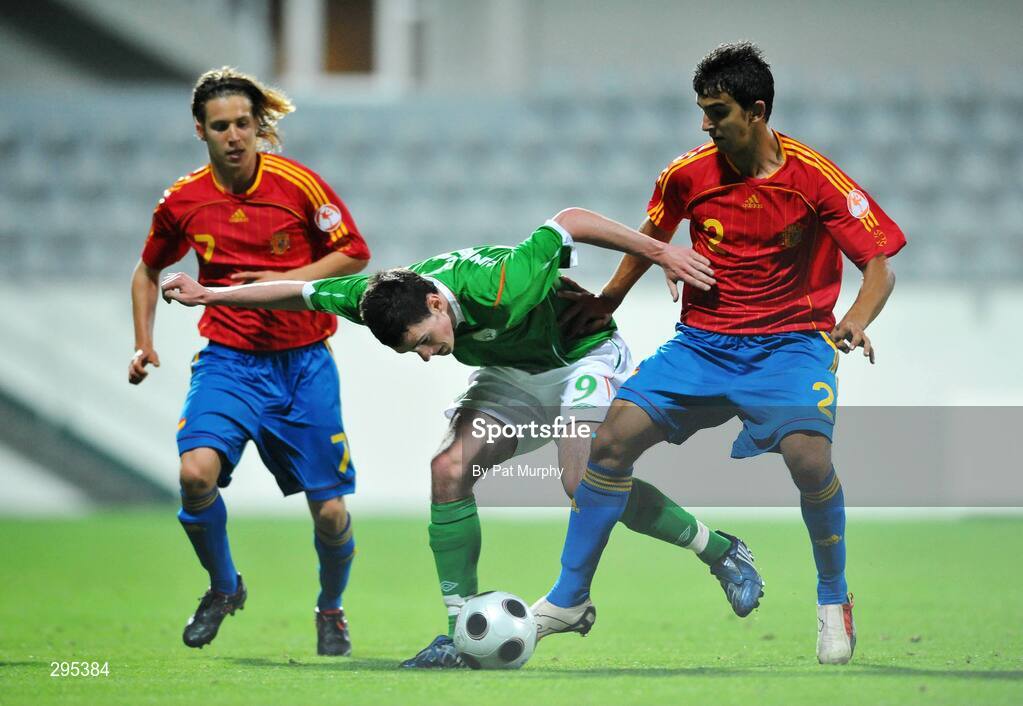 10 May 2008; Gregory Cunningham, Republic of Ireland, in action against Keko, left, and Martin, Spain. UEFA European Under-17 Championship Group B, Republic of Ireland v Spain, Mardan Sport Complex, Antalya, Turkey. Picture credit: Pat Murphy / SPORTSFILE