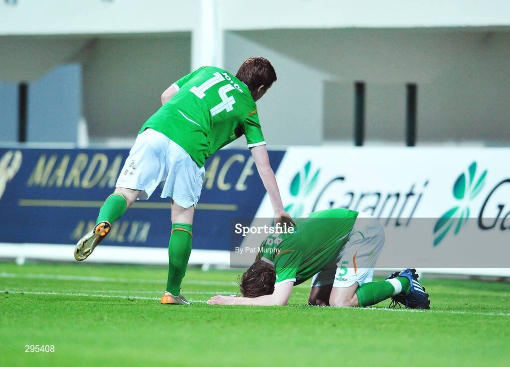 10 May 2008; Republic of Ireland's Mark Connolly is consoled by team-mate Daniel Joyce, left, after the game. UEFA European Under-17 Championship Group B, Republic of Ireland v Spain, Mardan Sport Complex, Antalya, Turkey. Picture credit: Pat Murphy / SPORTSFILE