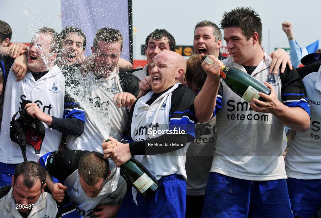 11 May 2008; Cork Con players Cronan Healy and Billy Holland celebrate with champagne after the game. AIB All-Ireland League Division 1 Final, Cork Constitution v Garryowen, Musgrave Park, Cork. Picture credit: Brendan Moran / SPORTSFILE