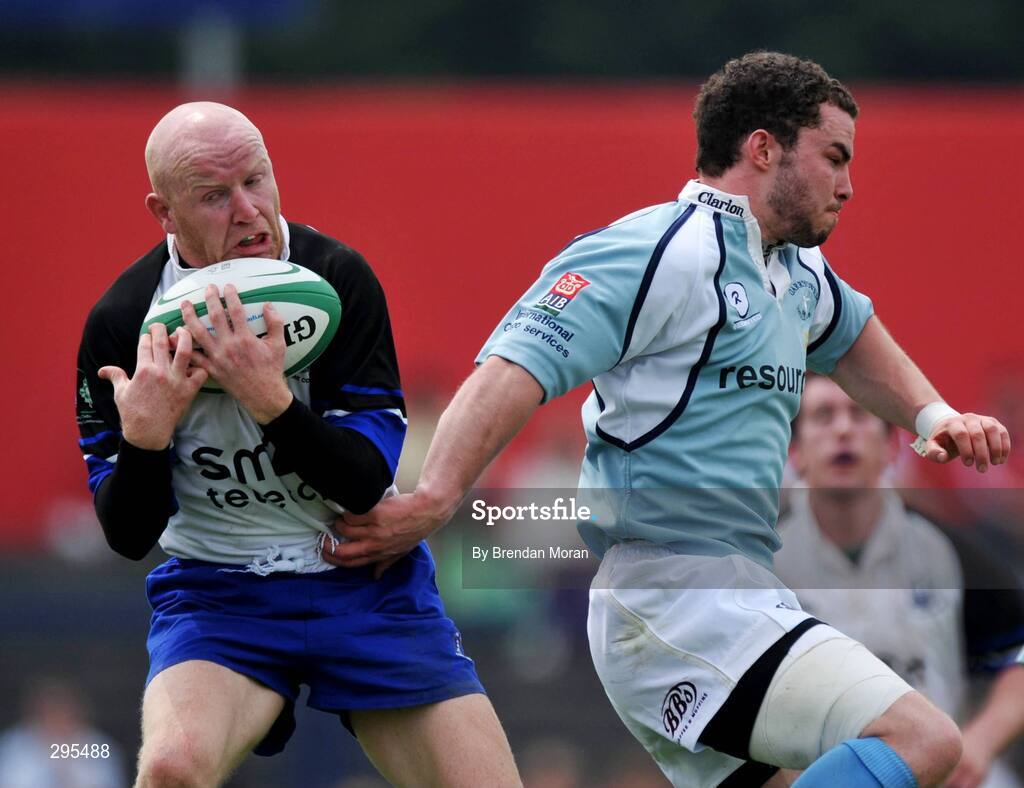 11 May 2008; Cronan Healy, Cork Con, takes a high ball from Cillian O'Boyle, Garryowen. AIB All-Ireland League Division 1 Final, Cork Constitution v Garryowen, Musgrave Park, Cork. Picture credit: Brendan Moran / SPORTSFILE