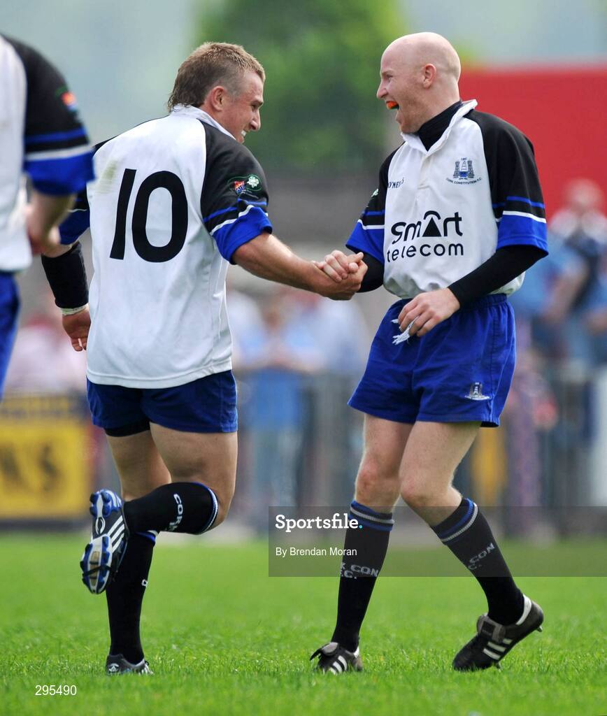 11 May 2008; Cork Con's Cronan Healy, right, congratulates team-mate Jeremy Manning on kicking a drop goal. AIB All-Ireland League Division 1 Final, Cork Constitution v Garryowen, Musgrave Park, Cork. Picture credit: Brendan Moran / SPORTSFILE