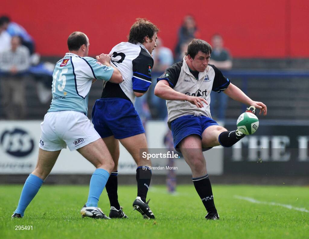 11 May 2008; Brendan Cutriss, Cork Con, kicks downfield despite the attentions of team-mate Evan Ryan and Conor Kilroy, Garryowen. AIB All-Ireland League Division 1 Final, Cork Constitution v Garryowen, Musgrave Park, Cork. Picture credit: Brendan Moran / SPORTSFILE