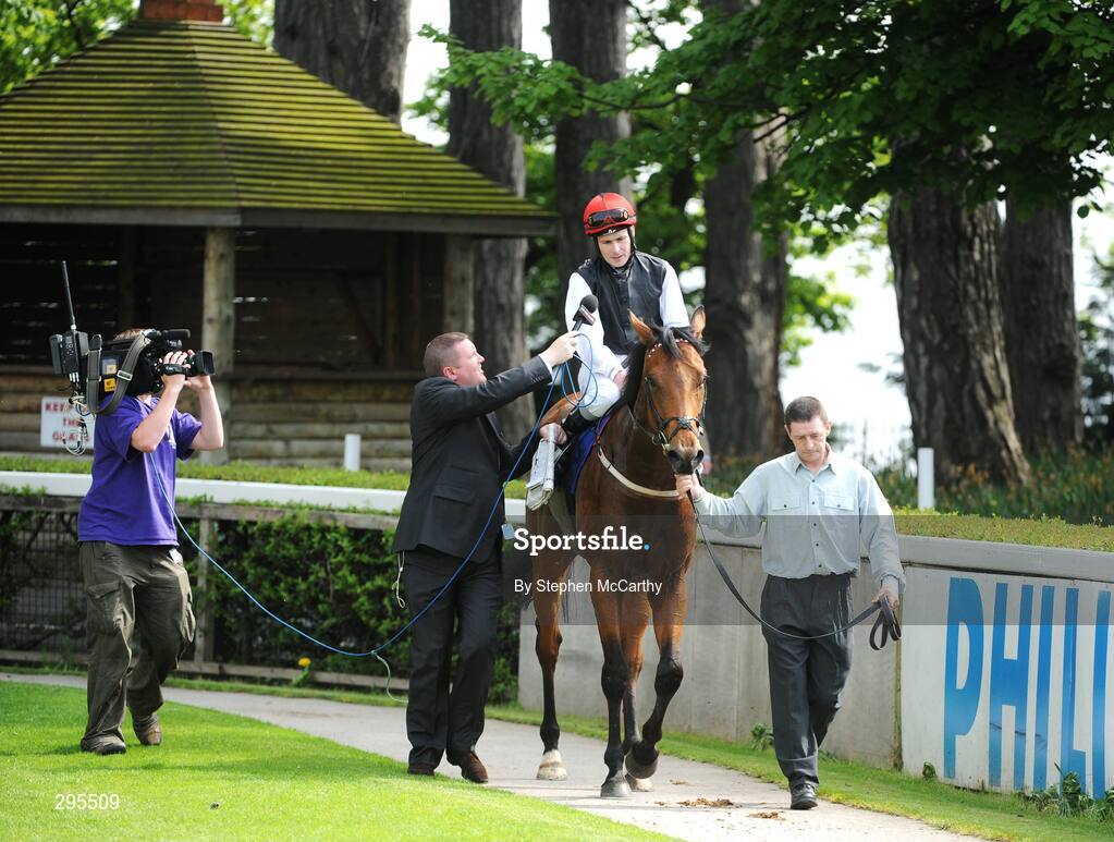 11 May 2008; Pat Smullen, onboard Casual Conquest, is interviewed for television as he makes his way to the winners enclosure after winning the Derrinstown Stud Derby Trial Stakes. Derrinstown Stud Derby Trial Stakes Day, Leopardstown, Co. Dublin. Picture credit: Stephen McCarthy / SPORTSFILE